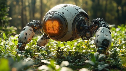 A high-tech robot planting crops in a field with surgical precision, based on AI algorithms and sensor data