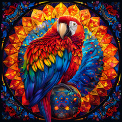 Obraz premium very bright and colorful mandala,very detailed high quality,object in center,Scarlet Macaw whole body