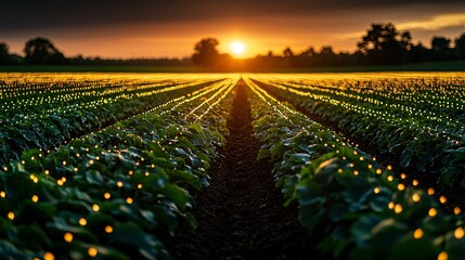 A smart farming setup where AI predicts crop yields and optimizes harvest schedules to maximize output