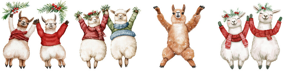 Cute animals celebrating with festive garlands, joyful expressions and colorful sweaters, perfect for holiday designs.