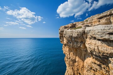 Stunning cliff edges facing a calm, blue sea with a cloudless sky, highlighting the juxtaposition between the solidity of the cliffs and the fluidity of the ocean.