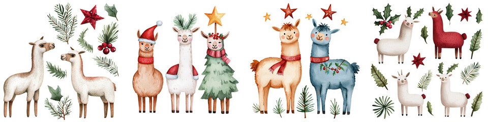 Naklejka premium Festive animal characters, adorned with Christmas decorations and surrounded by holiday foliage, on a white isolated background.
