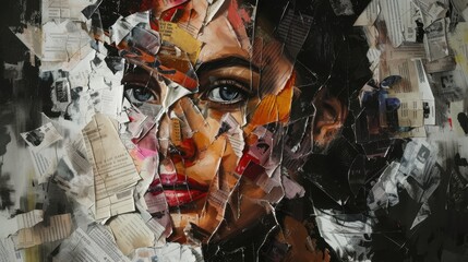 Fototapeta premium Paper applique featuring a womans face adorned with many words