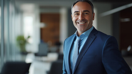 Fototapeta premium Professional Confidence: Businessman in a Blue Suit Smiling at the Camera