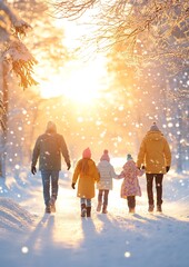 Family Enjoying a Winter Walk in the Snowy Forest During Sunset