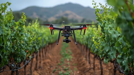 A drone flying over a vineyard, using AI to analyze grape quality and determine the best harvest time
