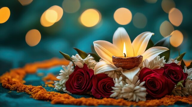 A single diya placed on a beautiful arrangement of white lilies and deep red roses, with glitters and sparkles in air, with a complementary orange and teal rangoli, low level angle, copy space,