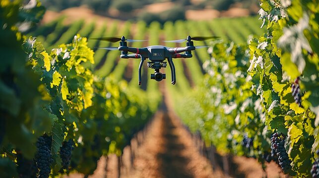 A drone flying over a vineyard, using AI to analyze grape quality and determine the best harvest time
