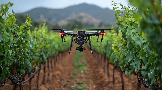 A drone flying over a vineyard, using AI to analyze grape quality and determine the best harvest time
