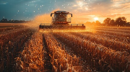 An AI-powered combine harvester operating in a field, optimizing the harvest process through advanced algorithms