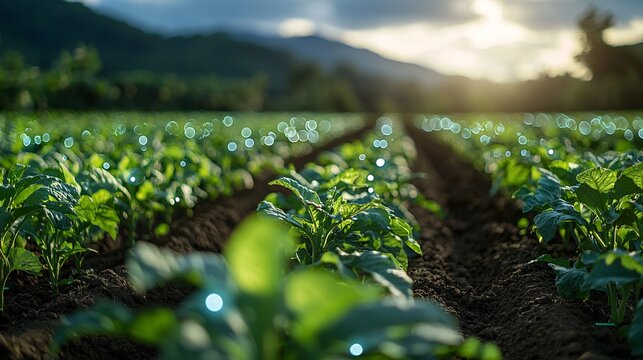 A farm field covered in sensors transmitting real-time data to an AI system, which adjusts farming techniques accordingly