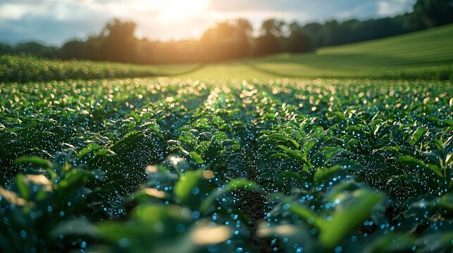 A farm field covered in sensors transmitting real-time data to an AI system, which adjusts farming techniques accordingly