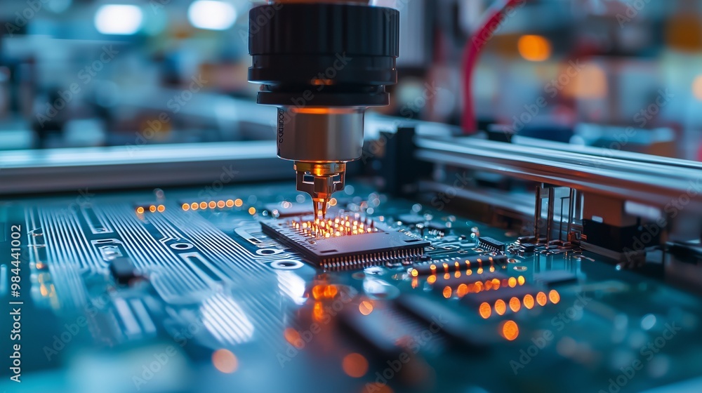 Poster close-up of a robotic arm soldering components on an integrated circuit board, symbolizing precision