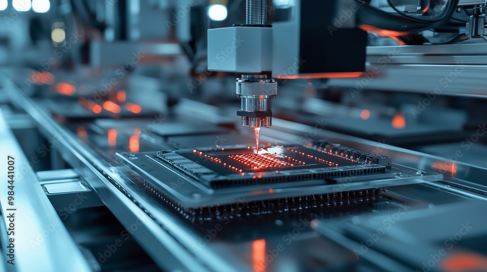 Poster close-up of automated machinery in a cleanroom assembling microchips, highlighting precision and adv