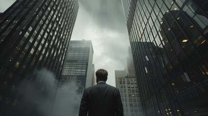 A man dressed in a formal suit stands confidently in front of a city skyline