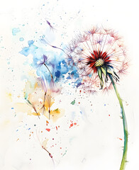 watercolor illustration of dandelions fluttering in the wind close up on a white background