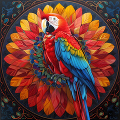 Fototapeta premium very bright and colorful mandala,very detailed high quality,object in center,Scarlet Macaw whole body