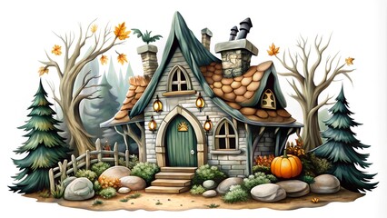 Obraz premium Charming Stone Cottage Nestled in Vibrant Autumn Foliage with Rustic Pumpkin Decor