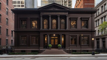 A high-profile law firm with a dark brown exterior, set in a restored historic building, combining old-world charm with modern legal prowess in the city center