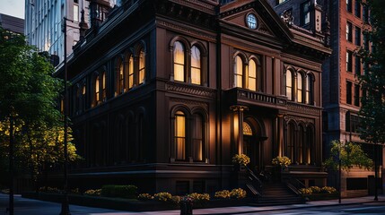 A high-profile law firm with a dark brown exterior, set in a restored historic building, combining old-world charm with modern legal prowess in the city center