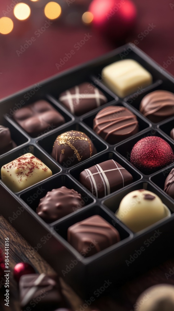 Aufkleber assorted chocolates in a gift box, resting on a wooden table with a deep maroon background and soft 