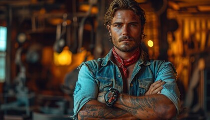 A bearded man in a bandana and denim shirt stands in a garage