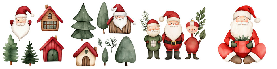 Fototapeta premium Festive Santa Claus characters surrounded by Christmas trees and houses, perfect for holiday designs.