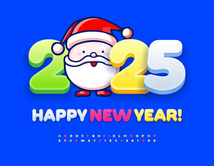 Vector colorful Greeting Card Happy New Year 2025 with decorative Santa Claus. Bright Kids Font. Creative Alphabet Letters and Numbers set.