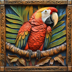 Fototapeta premium Wood carving 3D image of Scarlet Macaw in frame with depth map