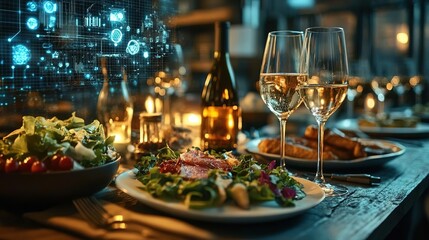 Elegant dining setup featuring gourmet dishes and wine glasses, illuminated by cozy candlelight and modern technology accents.