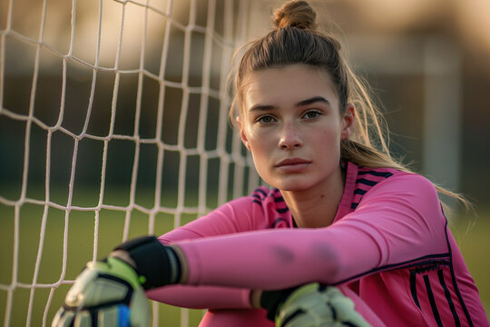 Female soccer goalie leaning against the net at dusk. Generative AI image