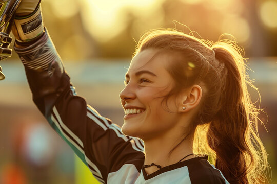 Smiling female soccer player enjoying a sunset game. Generative AI image