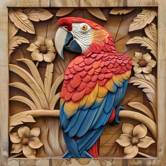 Fototapeta premium Wood carving 3D image of Scarlet Macaw in frame with depth map