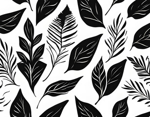 Black Hand drawn ink illustration with black leaves background