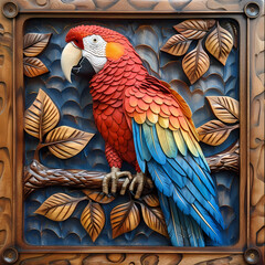 Obraz premium Wood carving 3D image of Scarlet Macaw in frame with depth map