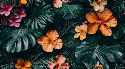 Fototapeta premium seamless texture Tropical flowers and greenery in an intricate wallpaper design for a rich ambiance.