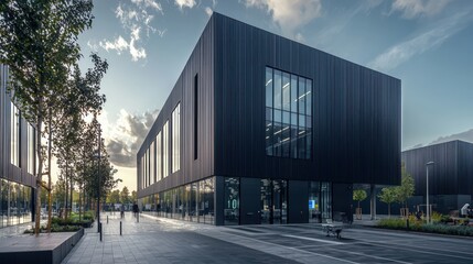 Fototapeta premium A high-tech startup incubator with a dark charcoal exterior, fostering innovation and entrepreneurship, located in a dynamic citya??s tech quarter