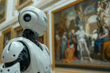Fototapeta premium Futuristic robot observing classic art in a museum. Generative AI image