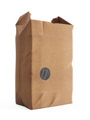 Paper bag. Kraft paper shopping bag. Brown folded paper bag with handle. Empty grocery paper bag. Recycled carton package for supermarket. 3D Rendering, Illustration.