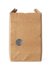 Paper bag. Kraft paper shopping bag. Brown folded paper bag with handle. Empty grocery paper bag. Recycled carton package for supermarket. 3D Rendering, Illustration.