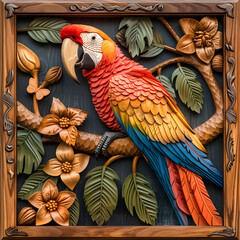 Fototapeta premium Wood carving 3D image of Scarlet Macaw in frame with depth map