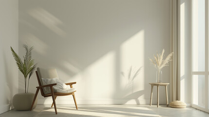 Serene minimalist living room with natural light. Generative AI image