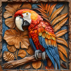 Fototapeta premium Wood carving 3D image of Scarlet Macaw in frame with depth map