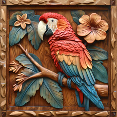 Obraz premium Wood carving 3D image of Scarlet Macaw in frame with depth map