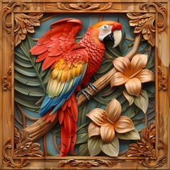Fototapeta premium Wood carving 3D image of Scarlet Macaw in frame with depth map