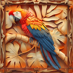 Obraz premium Wood carving 3D image of Scarlet Macaw in frame with depth map