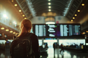 Traveler at airport looking at flight information display. Generative AI image