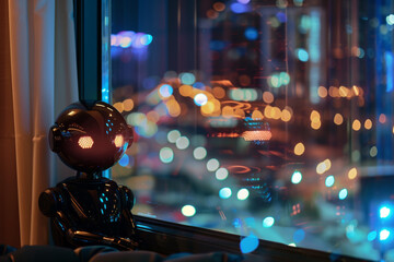 Futuristic robot gazing out a window in a city at night. Generative AI image