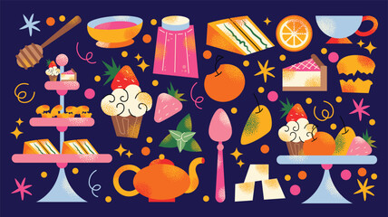British cuisine breakfast and afternoon tea stand food icon. Scones with jam, pie, cupcake, cakes and sandwich.  Tea time elements. Tea Party Invitation. Vector illustration isolated on background