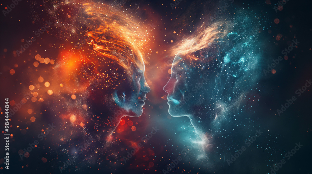 Poster space vibrating tech abstract background with shimmering particles in the form of two people silhoue